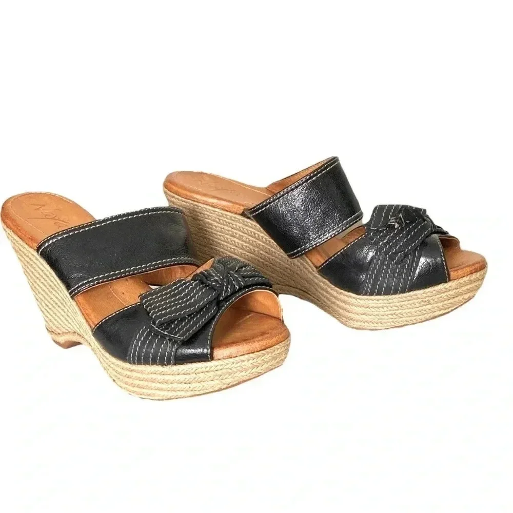 NAYA COLETTE |Chunky Strap Platform Bow Espadrille Black Leather Wedge Size 9.5W